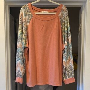 Chevron Sleeve Peach Long Sleeve Sweater Top 1x